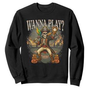 Halloween Baseball Sweatshirt Funny Wanna Play Dabbing Pirate Skeleton Catcher TS12 Black Print Your Wear