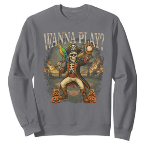 Halloween Baseball Sweatshirt Funny Wanna Play Dabbing Pirate Skeleton Catcher TS12 Charcoal Print Your Wear