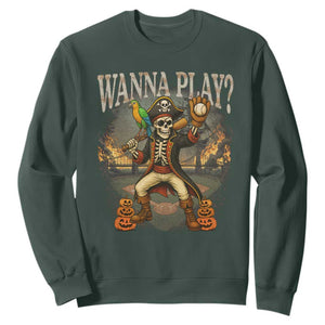 Halloween Baseball Sweatshirt Funny Wanna Play Dabbing Pirate Skeleton Catcher TS12 Dark Forest Green Print Your Wear