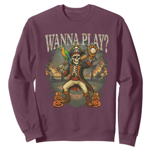 Halloween Baseball Sweatshirt Funny Wanna Play Dabbing Pirate Skeleton Catcher TS12 Maroon Print Your Wear