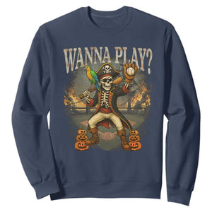 Halloween Baseball Sweatshirt Funny Wanna Play Dabbing Pirate Skeleton Catcher TS12 Navy Print Your Wear