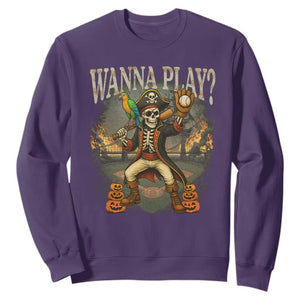 Halloween Baseball Sweatshirt Funny Wanna Play Dabbing Pirate Skeleton Catcher TS12 Purple Print Your Wear