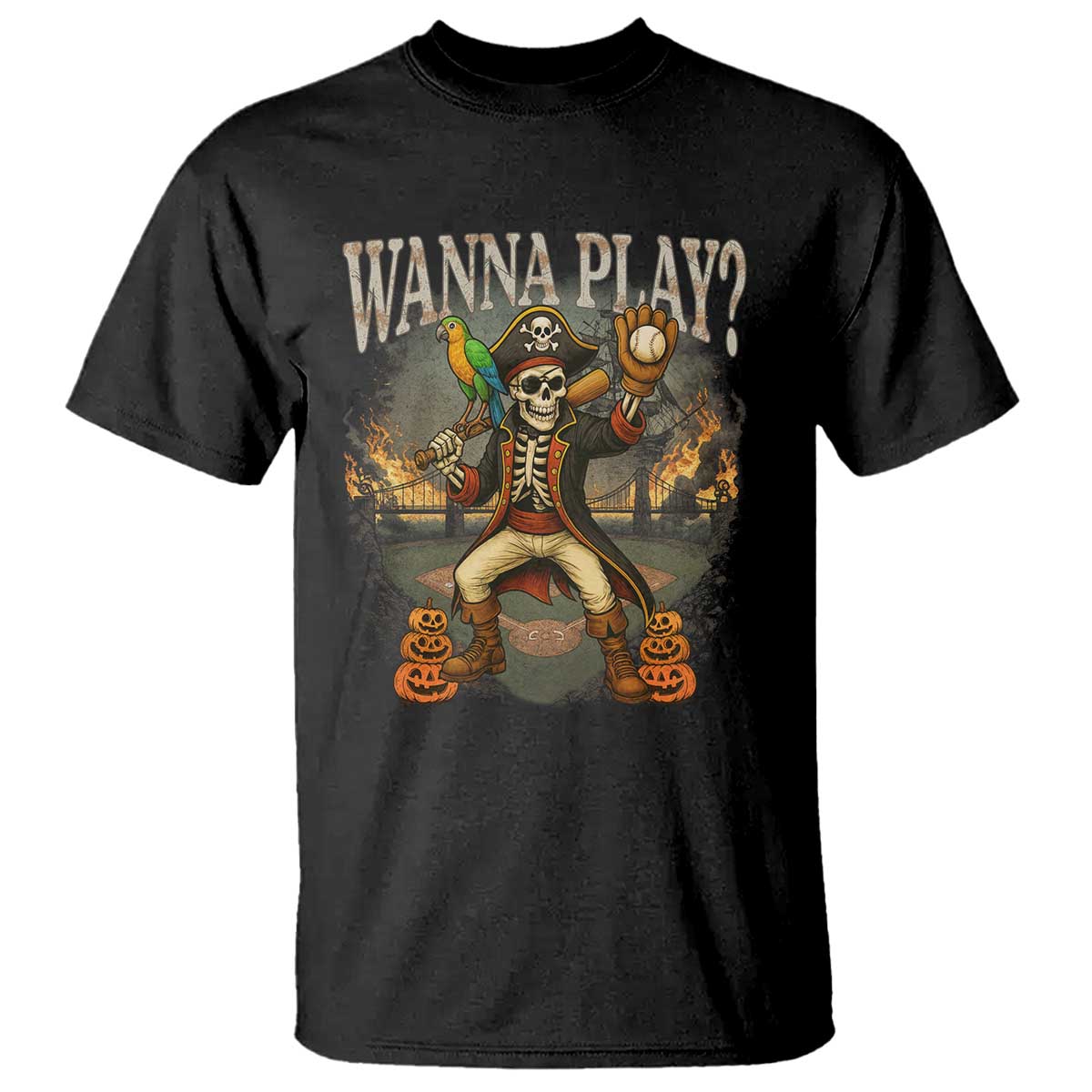 Halloween Baseball T Shirt Funny Wanna Play Dabbing Pirate Skeleton Catcher TS12 Black Print Your Wear