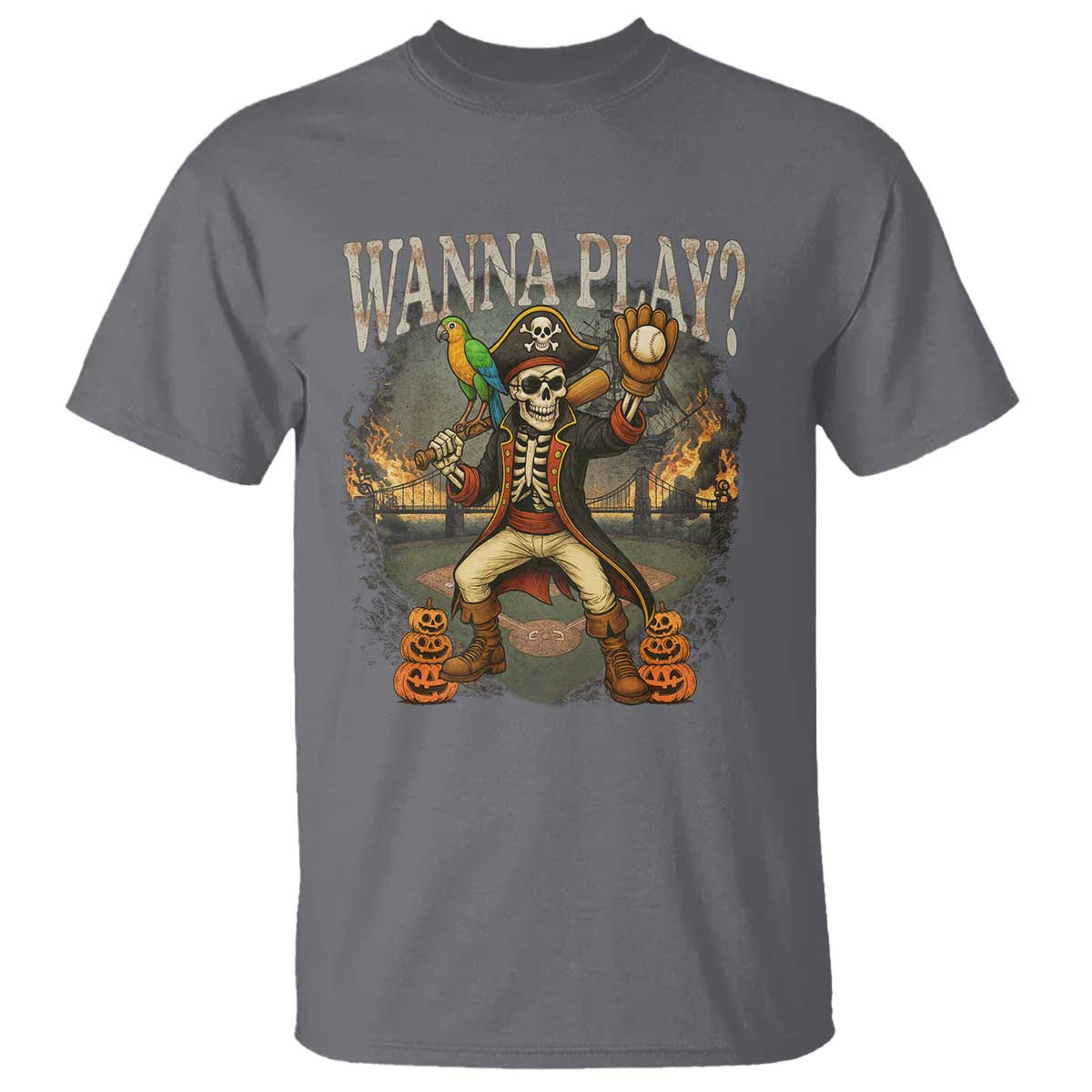 Halloween Baseball T Shirt Funny Wanna Play Dabbing Pirate Skeleton Catcher TS12 Charcoal Print Your Wear