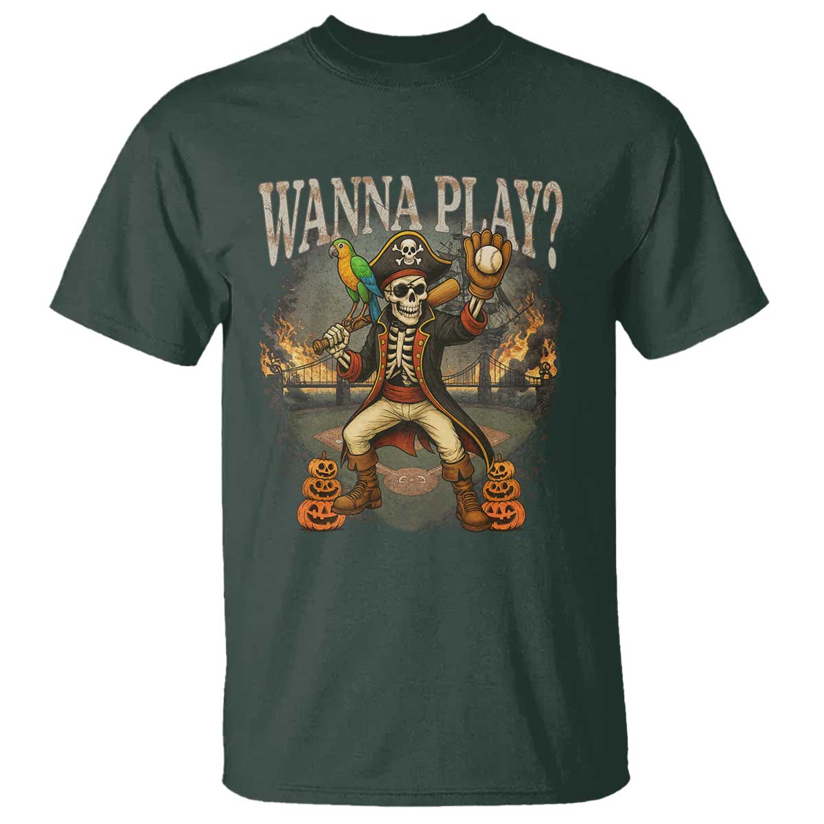 Halloween Baseball T Shirt Funny Wanna Play Dabbing Pirate Skeleton Catcher TS12 Dark Forest Green Print Your Wear
