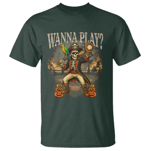 Halloween Baseball T Shirt Funny Wanna Play Dabbing Pirate Skeleton Catcher TS12 Dark Forest Green Print Your Wear