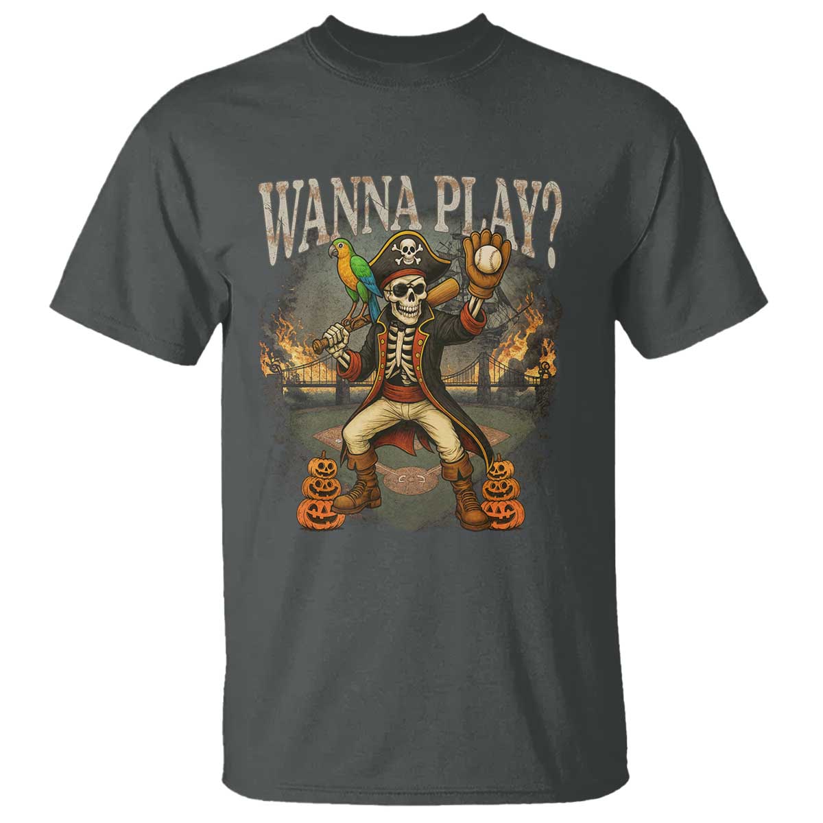 Halloween Baseball T Shirt Funny Wanna Play Dabbing Pirate Skeleton Catcher TS12 Dark Heather Print Your Wear