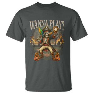 Halloween Baseball T Shirt Funny Wanna Play Dabbing Pirate Skeleton Catcher TS12 Dark Heather Print Your Wear