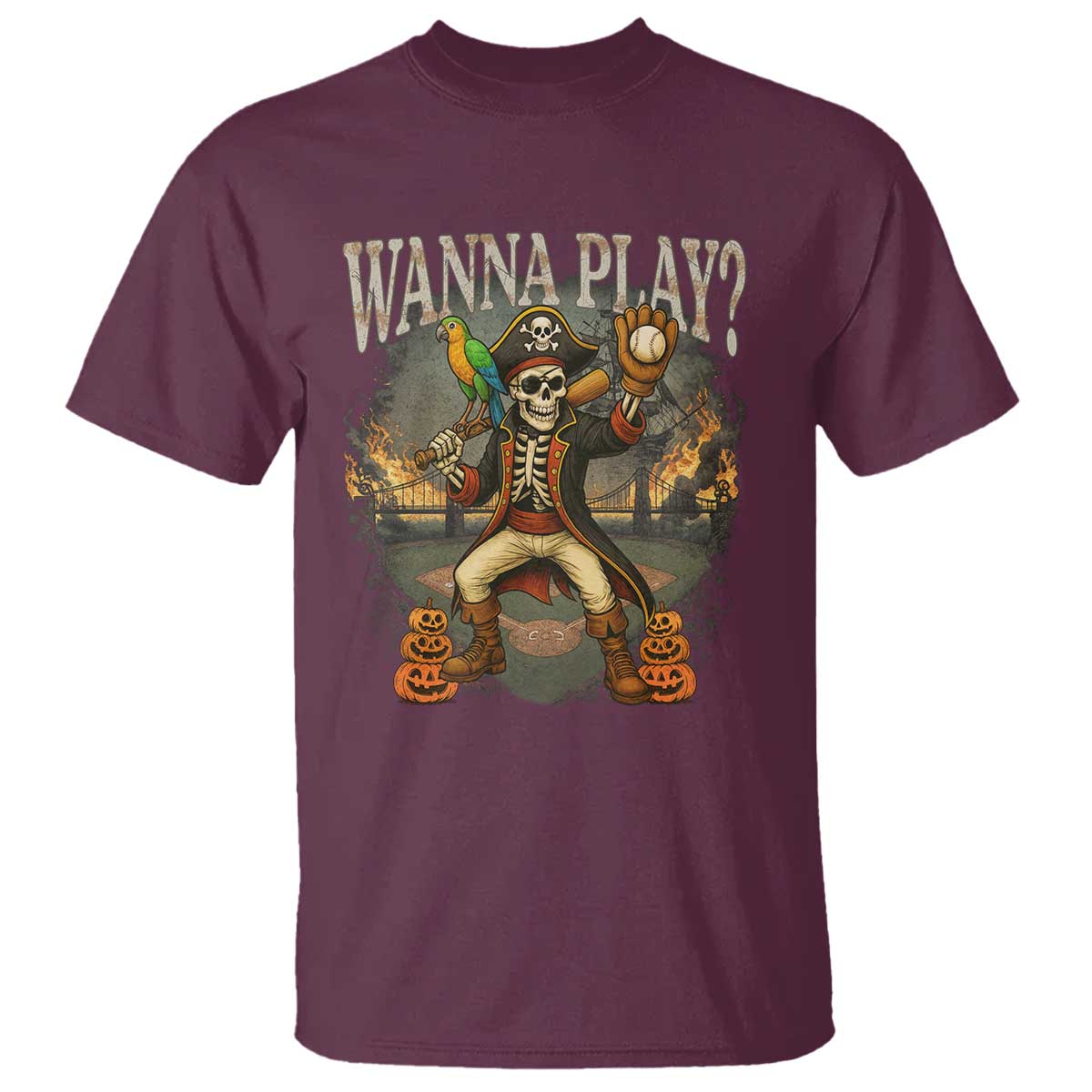 Halloween Baseball T Shirt Funny Wanna Play Dabbing Pirate Skeleton Catcher TS12 Maroon Print Your Wear