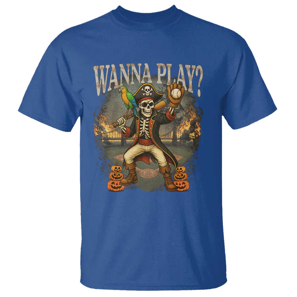 Halloween Baseball T Shirt Funny Wanna Play Dabbing Pirate Skeleton Catcher TS12 Royal Blue Print Your Wear
