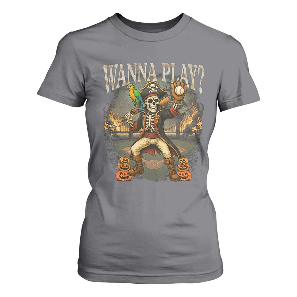Halloween Baseball T Shirt For Women Funny Wanna Play Dabbing Pirate Skeleton Catcher TS12 Charcoal Print Your Wear