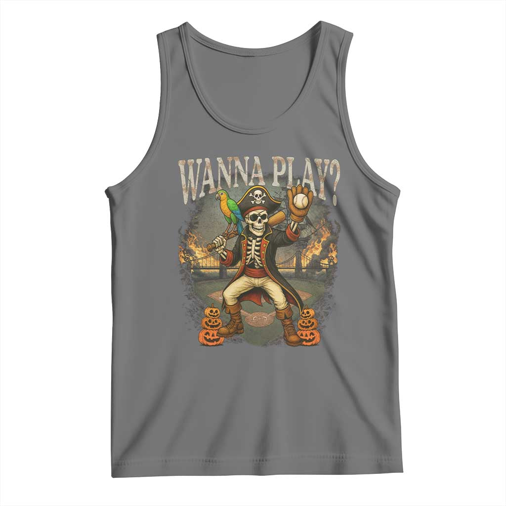 Halloween Baseball Tank Top Funny Wanna Play Dabbing Pirate Skeleton Catcher TS12 Black Heather Print Your Wear