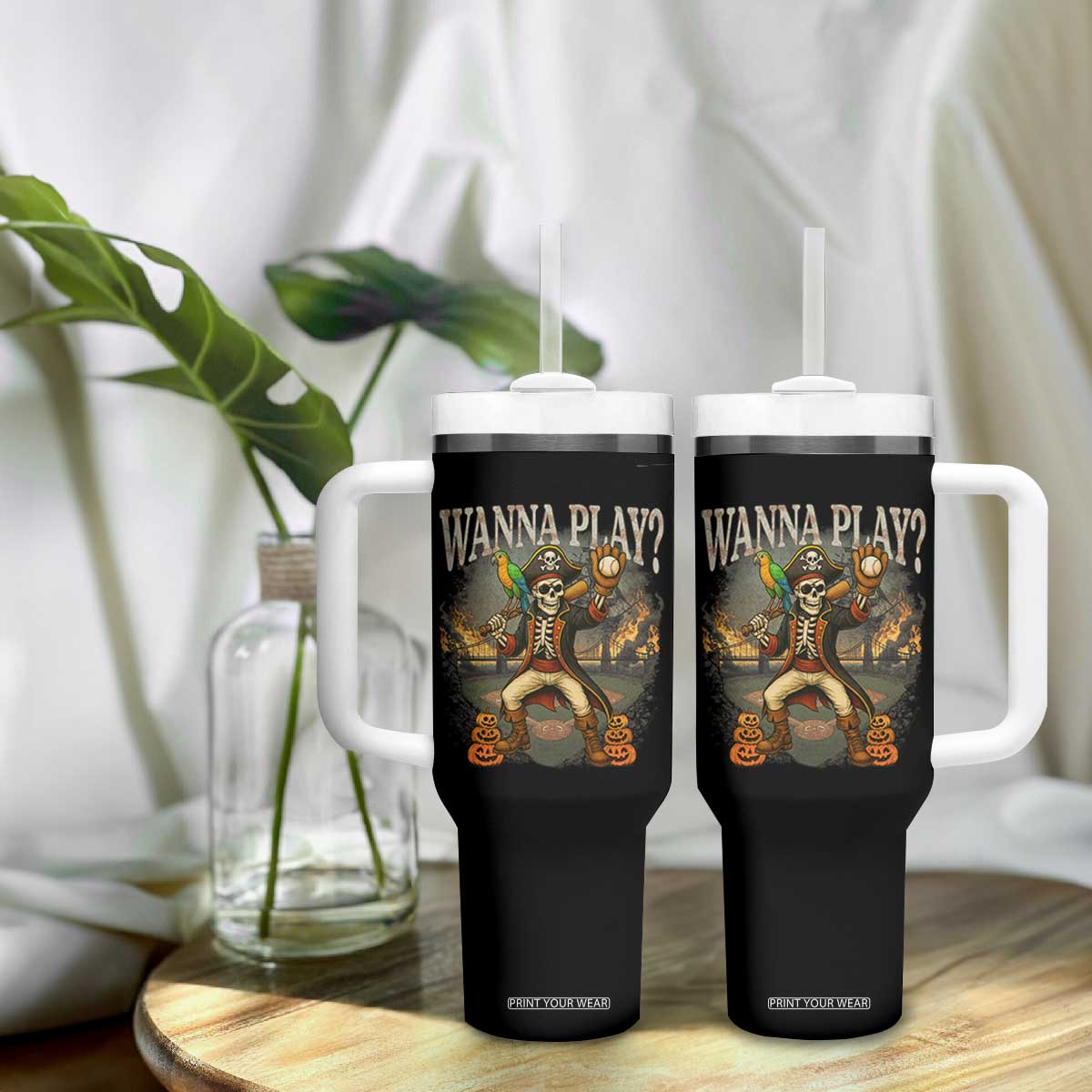 Halloween Baseball Tumbler With Handle Funny Wanna Play Dabbing Pirate Skeleton Catcher TS12 Print Your Wear