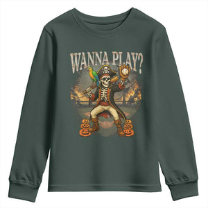 Halloween Baseball Youth Sweatshirt Funny Wanna Play Dabbing Pirate Skeleton Catcher TS12 Dark Forest Green Print Your Wear