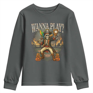 Halloween Baseball Youth Sweatshirt Funny Wanna Play Dabbing Pirate Skeleton Catcher TS12 Dark Heather Print Your Wear