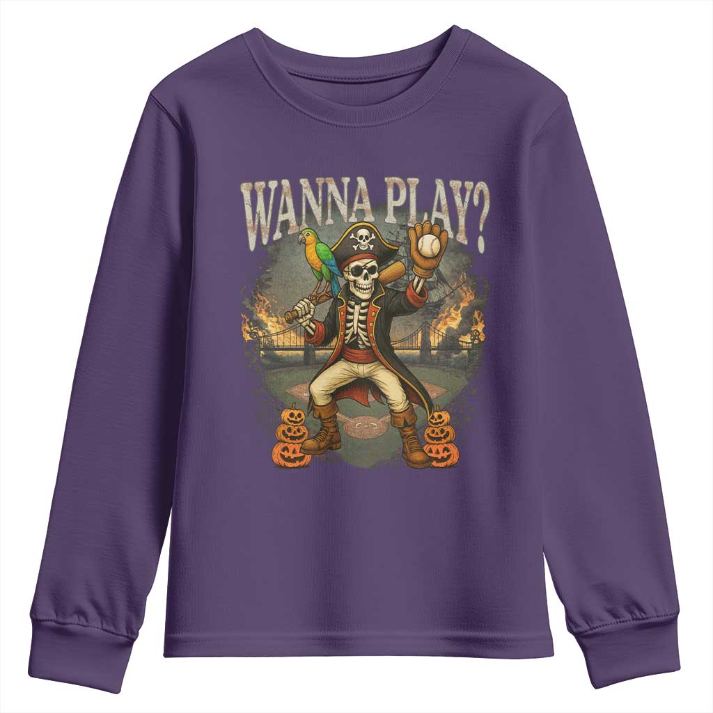 Halloween Baseball Youth Sweatshirt Funny Wanna Play Dabbing Pirate Skeleton Catcher TS12 Purple Print Your Wear