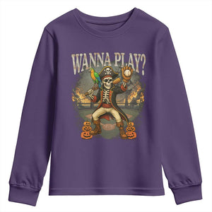 Halloween Baseball Youth Sweatshirt Funny Wanna Play Dabbing Pirate Skeleton Catcher TS12 Purple Print Your Wear