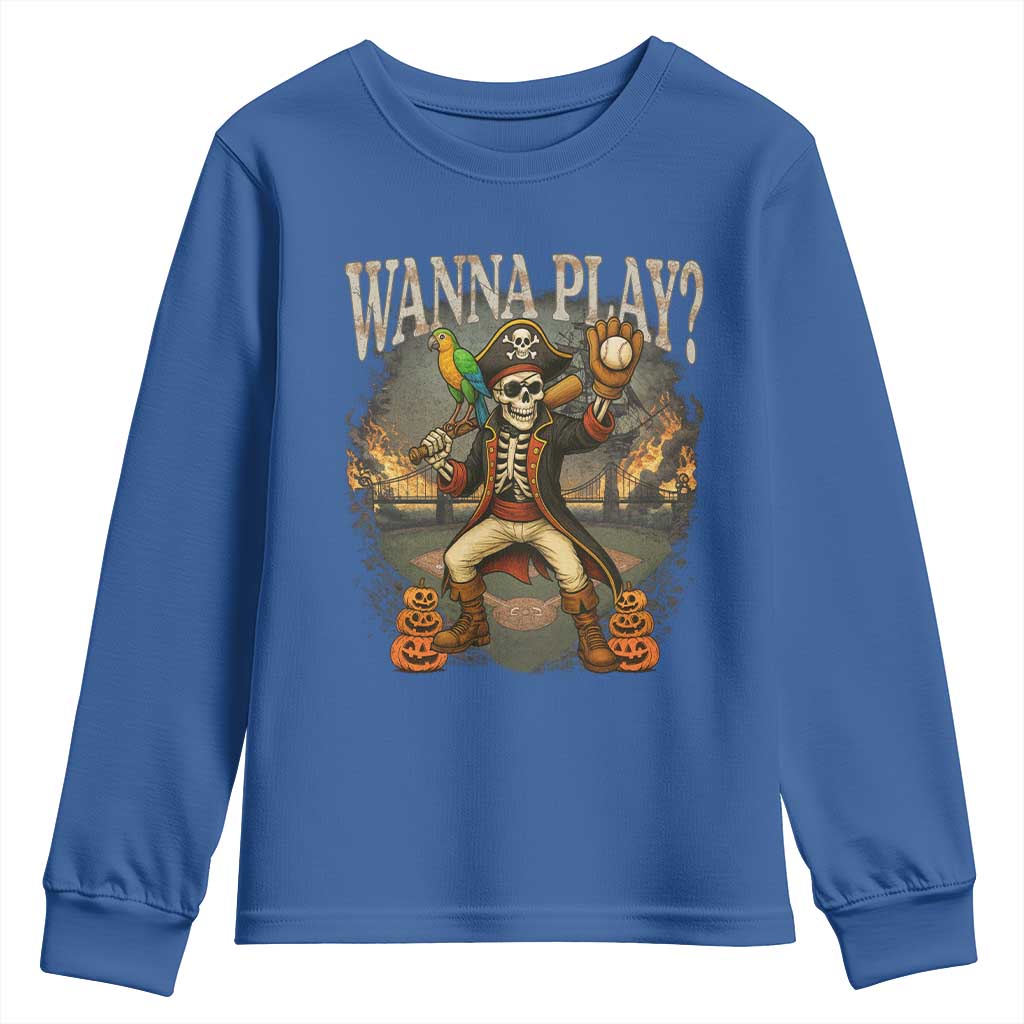 Halloween Baseball Youth Sweatshirt Funny Wanna Play Dabbing Pirate Skeleton Catcher TS12 Royal Blue Print Your Wear