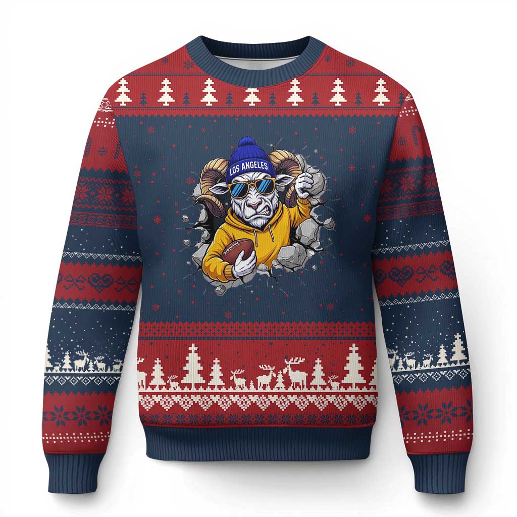 Los Angeles Sports Fan Gift Ugly Christmas Sweater Angry Ram Face Cracked Wall TS12 Navy Red Print Your Wear