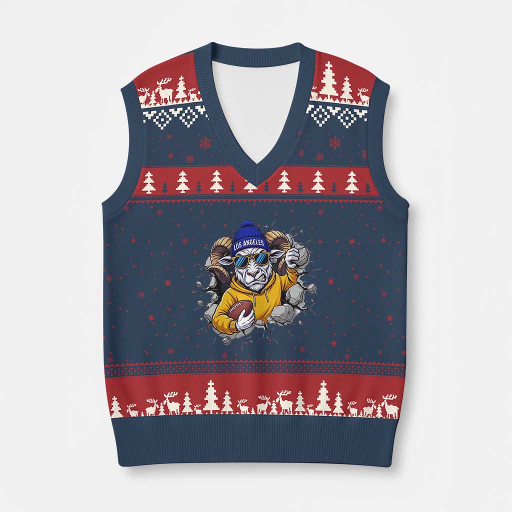 Los Angeles Sports Fan Gift V-Neck Knit Sweater Vest Angry Ram Face Cracked Wall TS12 Navy Red Print Your Wear
