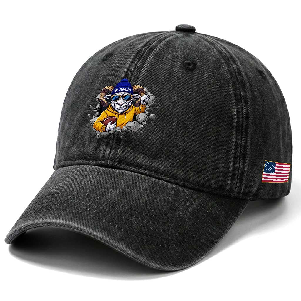 Los Angeles Sports Fan Gift Washed Cotton Baseball Cap Angry Ram Face Cracked Wall