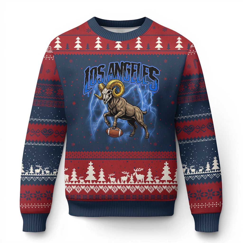 Gothic Lightning Ram Skull Ugly Christmas Sweater Game Day Sports Fan Gift TS12 Navy Red Print Your Wear