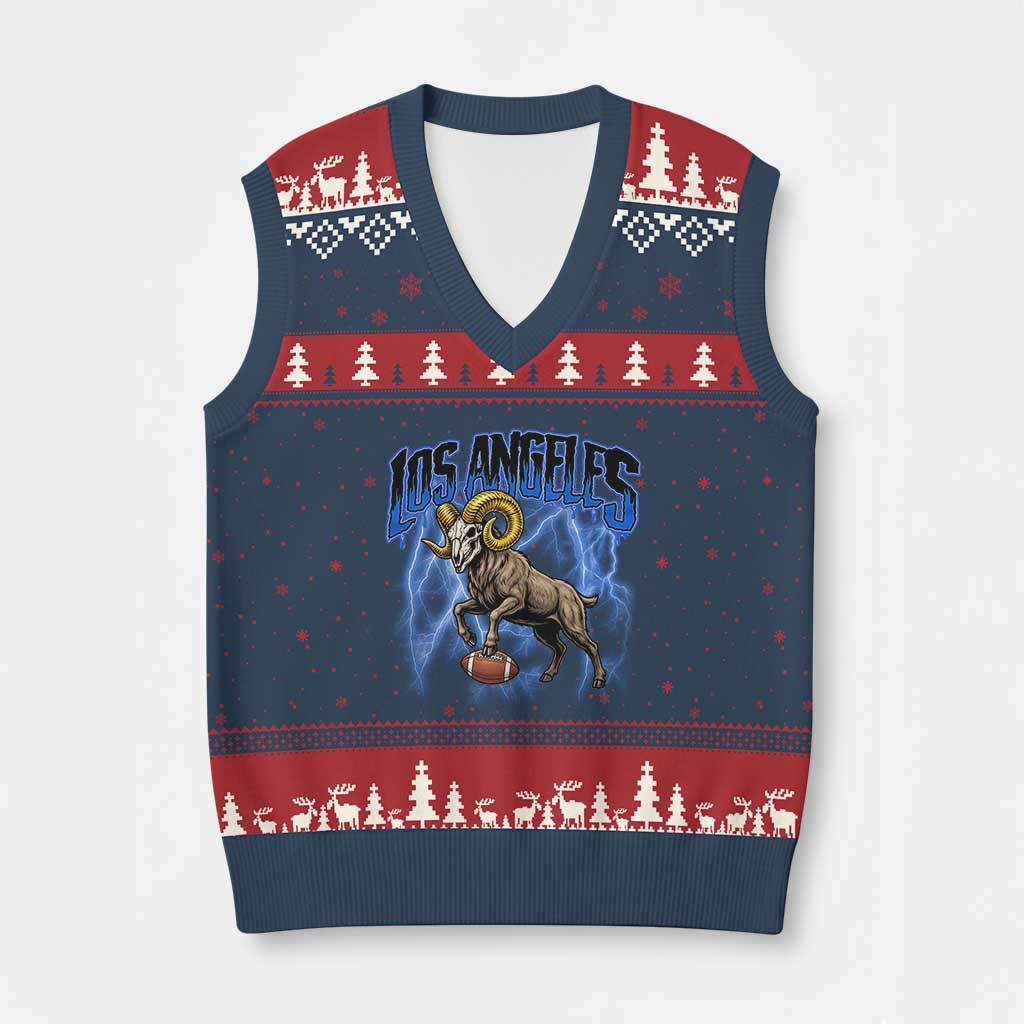 Gothic Lightning Ram Skull V-Neck Knit Sweater Vest Game Day Sports Fan Gift TS12 Navy Red Print Your Wear