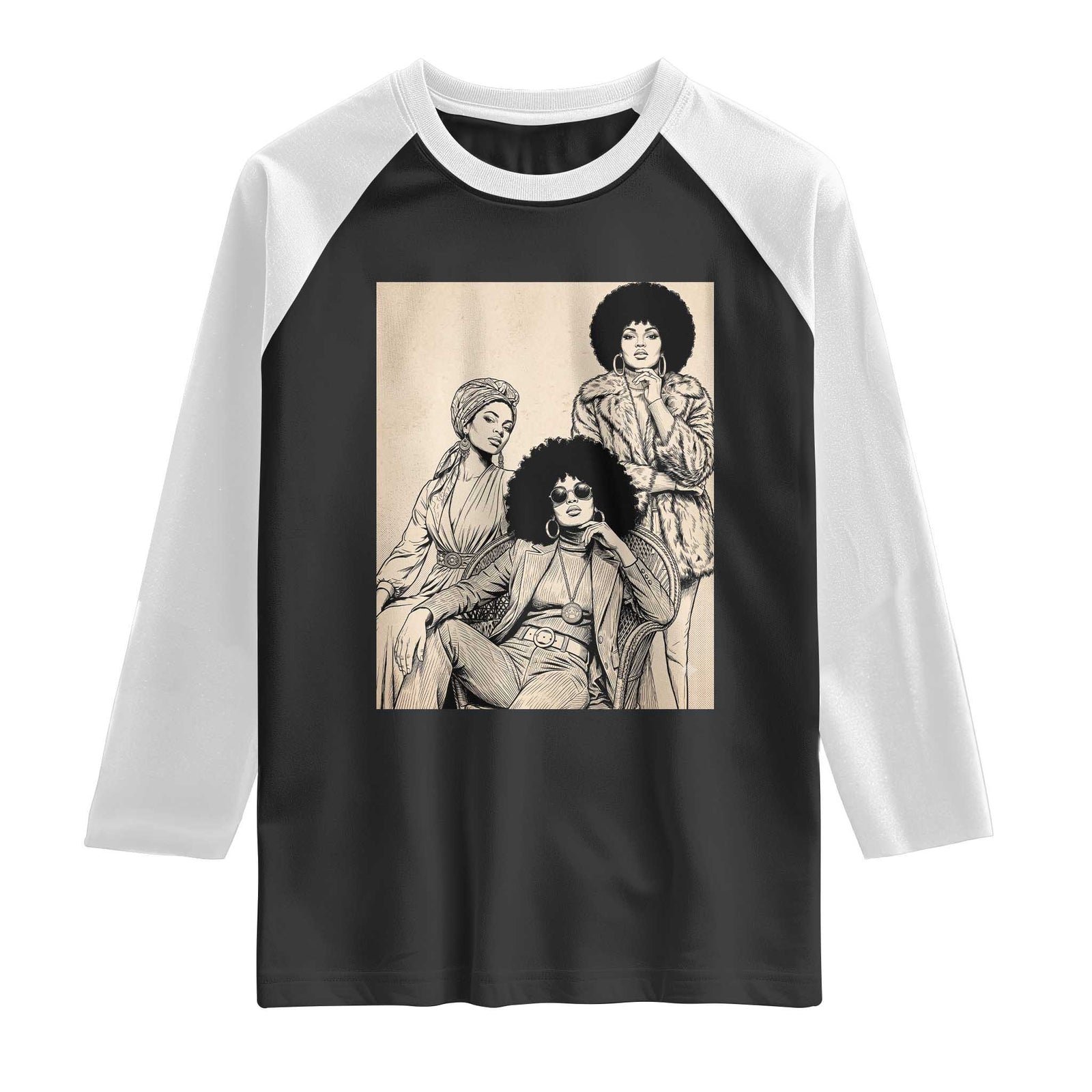 Vintage 70s Afro Queen Black Girl Pride Fashion Raglan Shirt TS12 Black White Print Your Wear