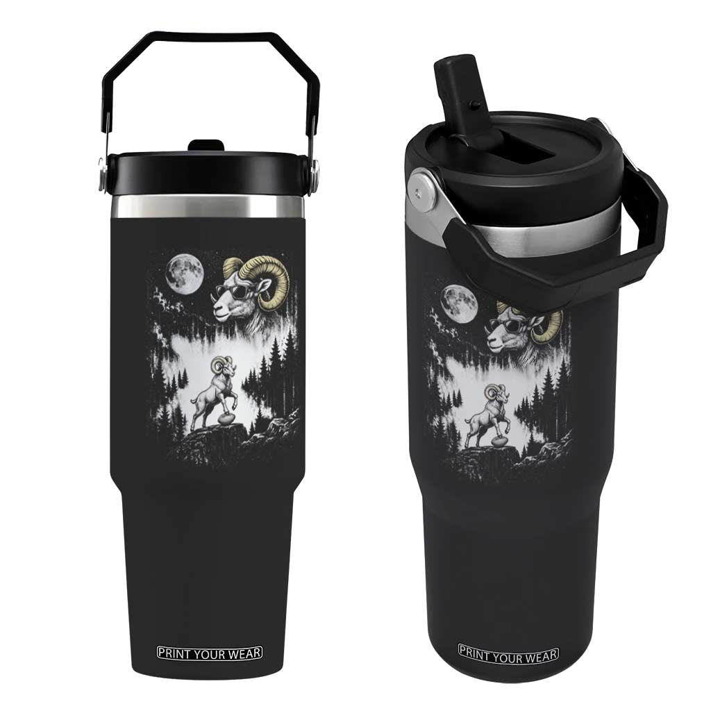 Cool Ram Wearing Sunglasses Moon Nature Vintage Graphic Flip Straw Tumbler TS12 One Size: 30 oz Black Print Your Wear