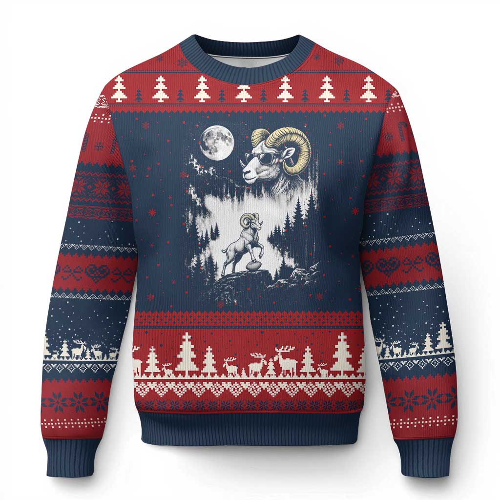 Cool Ram Wearing Sunglasses Moon Nature Vintage Graphic Ugly Christmas Sweater TS12 Navy Red Print Your Wear