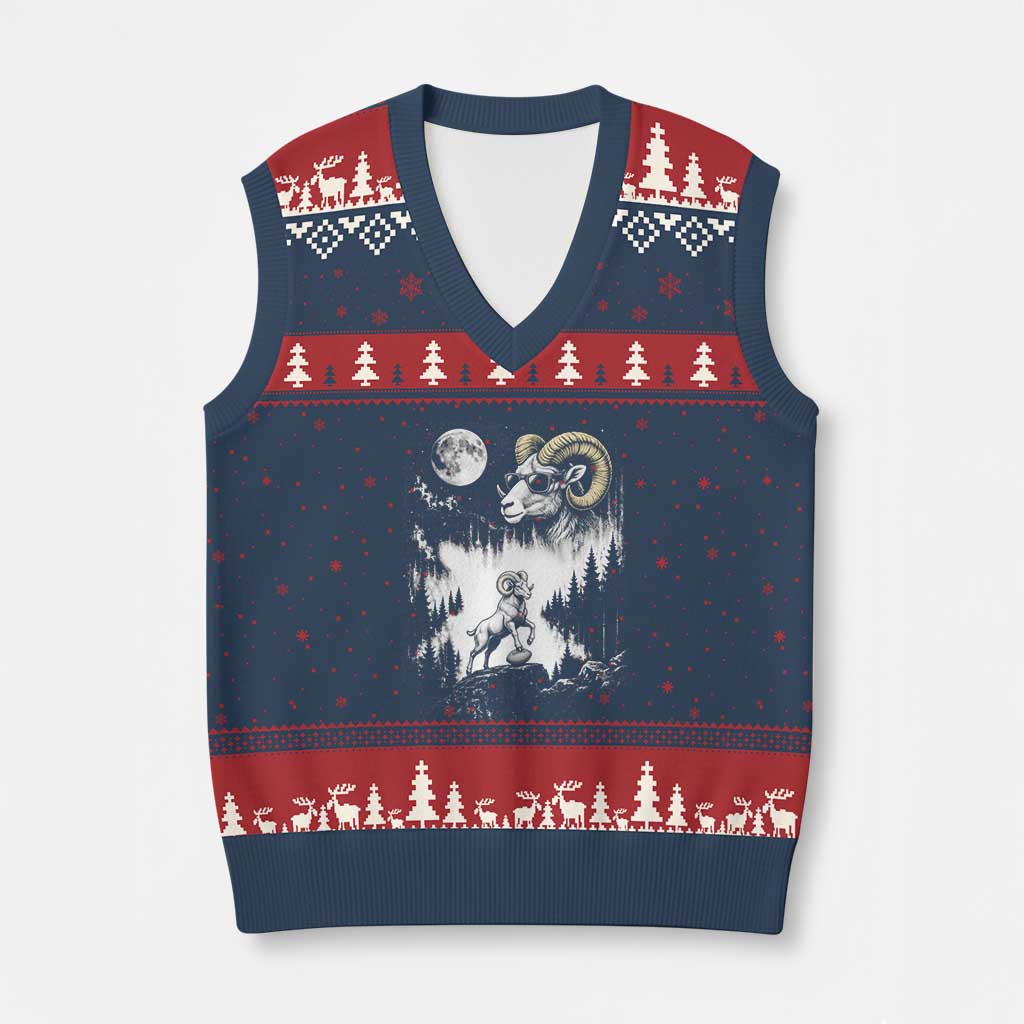 Cool Ram Wearing Sunglasses Moon Nature Vintage Graphic V-Neck Knit Sweater Vest TS12 Navy Red Print Your Wear