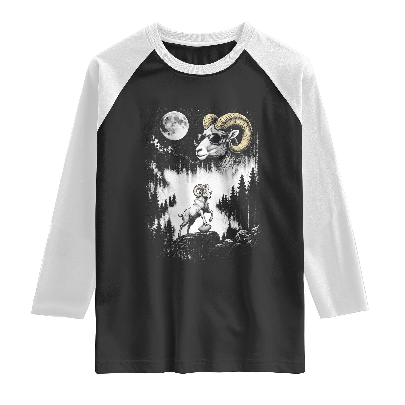 Cool Ram Wearing Sunglasses Moon Nature Vintage Graphic Raglan Shirt TS12 Black White Print Your Wear