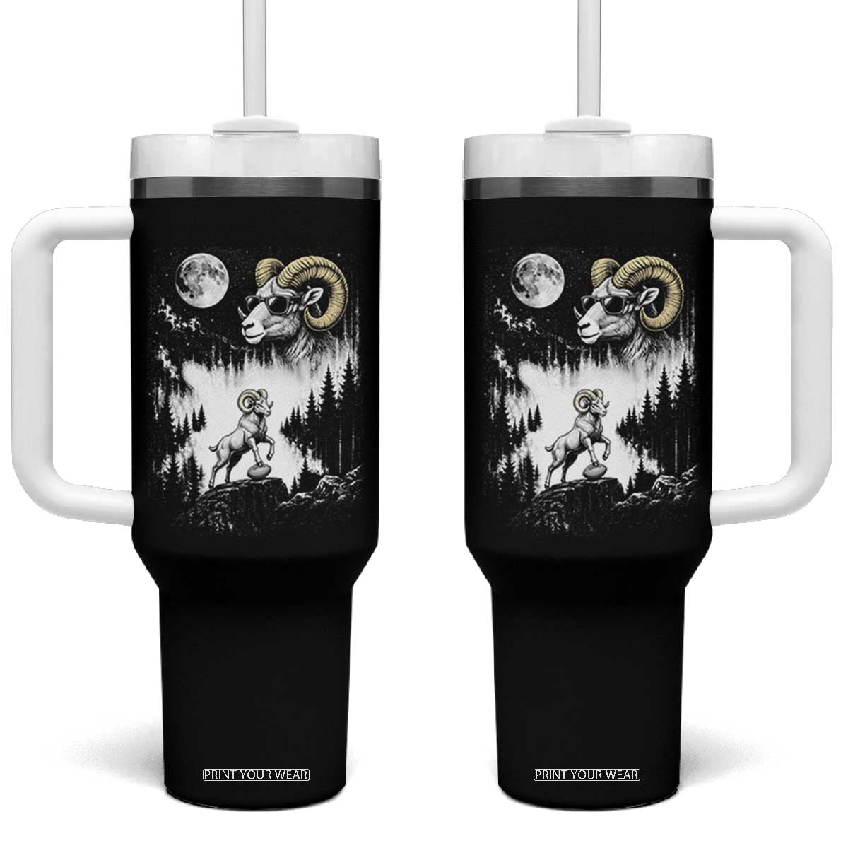 Cool Ram Wearing Sunglasses Moon Nature Vintage Graphic Tumbler With Handle TS12 One Size: 40 oz Black Print Your Wear