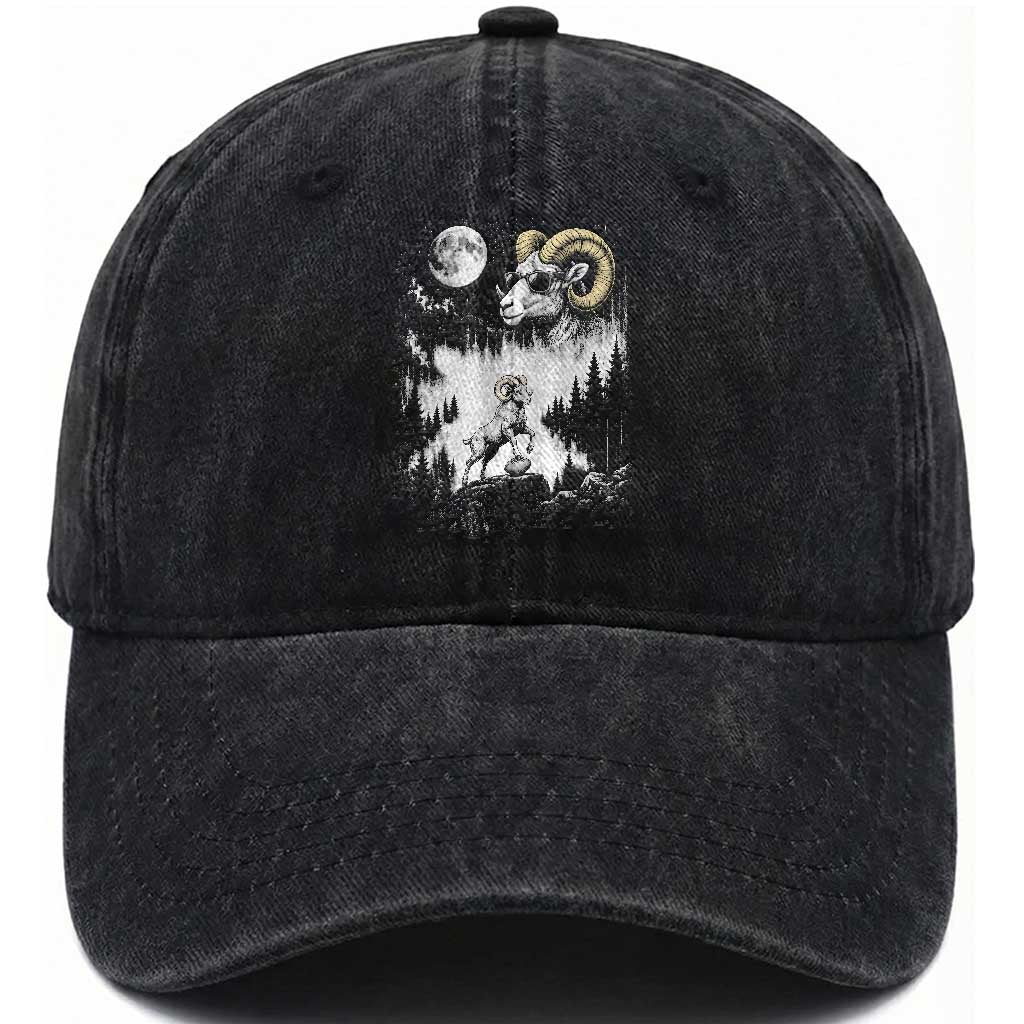 Cool Ram Wearing Sunglasses Moon Nature Vintage Graphic Washed Cotton Baseball Cap TS12 Print Your Wear