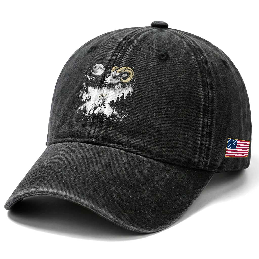 Cool Ram Wearing Sunglasses Moon Nature Vintage Graphic Washed Cotton Baseball Cap