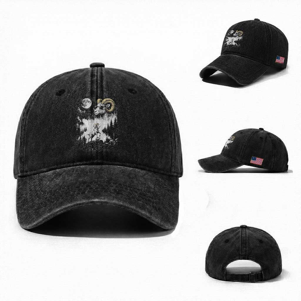 Cool Ram Wearing Sunglasses Moon Nature Vintage Graphic Washed Cotton Baseball Cap