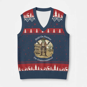 Hold On Partner I Am Overstimulated V-Neck Knit Sweater Vest Funny Cowboy Frog TS12 Navy Red Print Your Wear