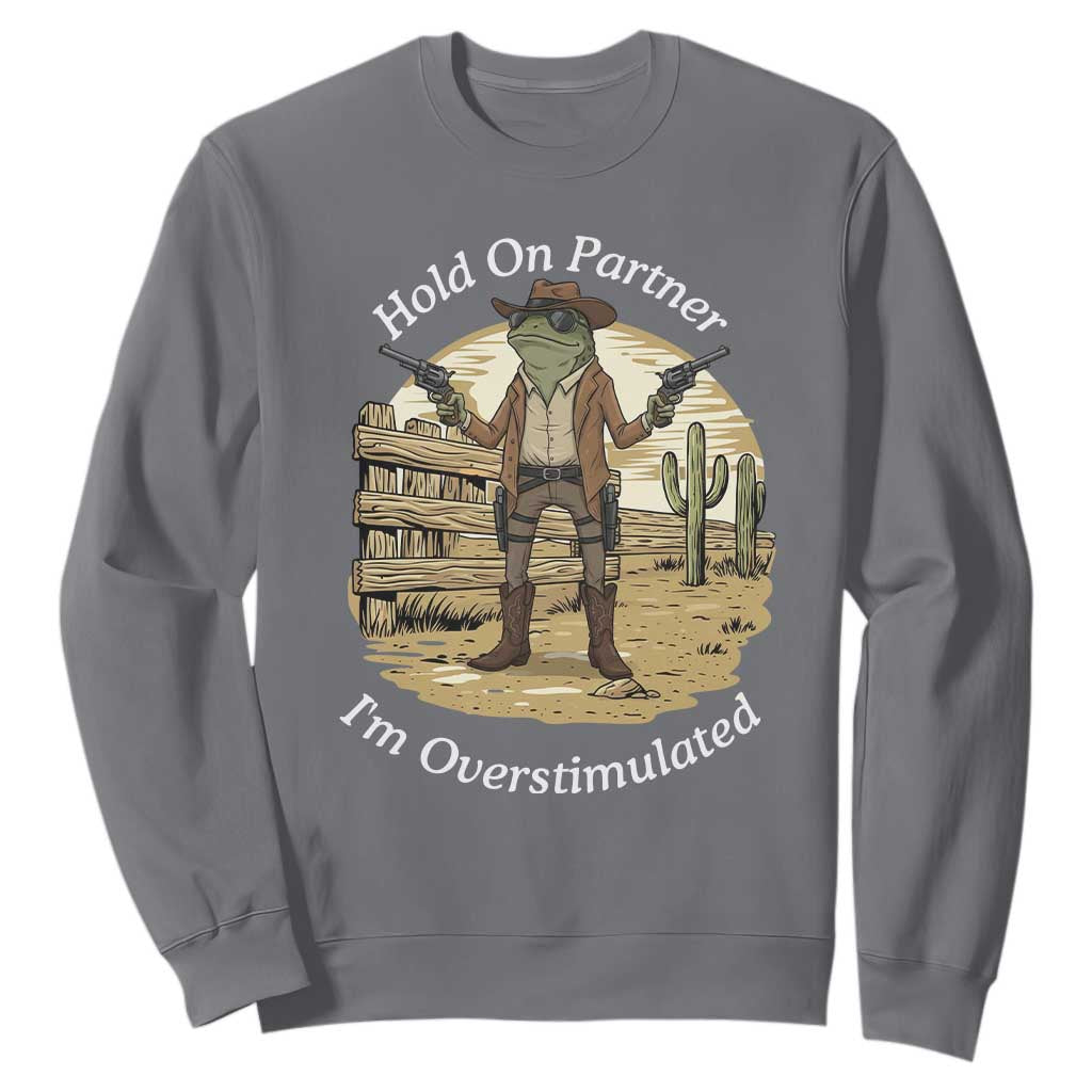 Hold On Partner I Am Overstimulated Sweatshirt Funny Cowboy Frog TS12 Charcoal Print Your Wear