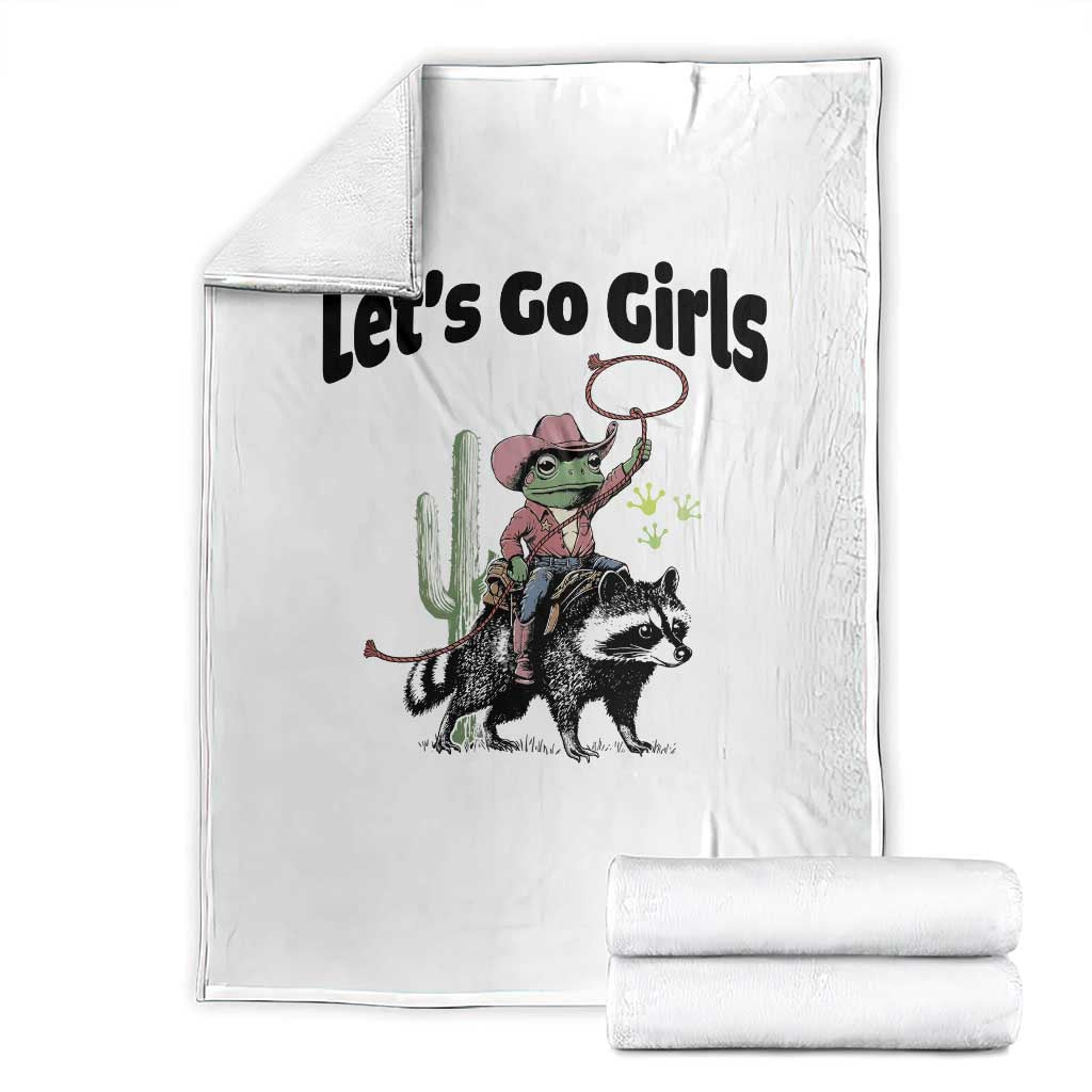 Cowboy Frog Riding Raccoon Throw Blanket Let's Go Girls TS12 White Print Your Wear