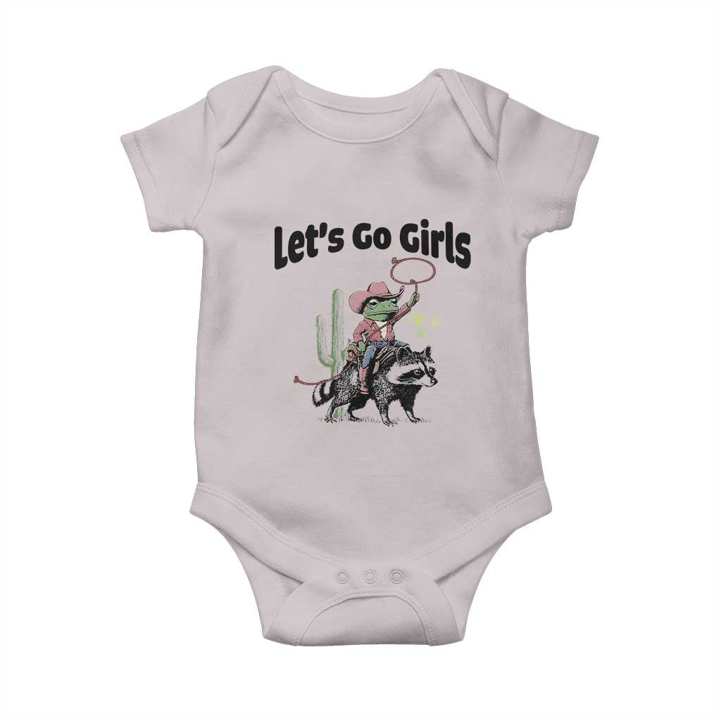 Cowboy Frog Riding Raccoon Baby Onesie Let's Go Girls TS12 Ice Gray Print Your Wear