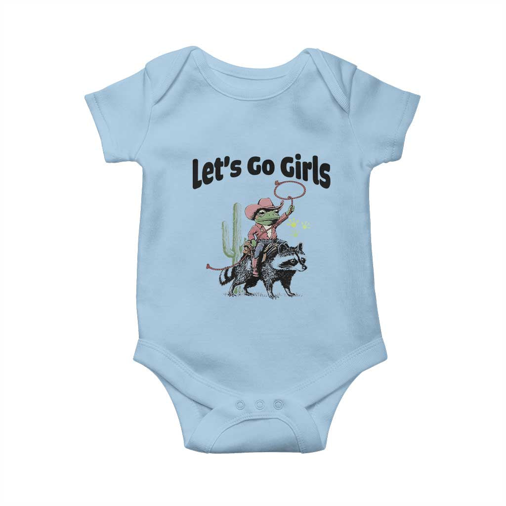 Cowboy Frog Riding Raccoon Baby Onesie Let's Go Girls TS12 Light Blue Print Your Wear