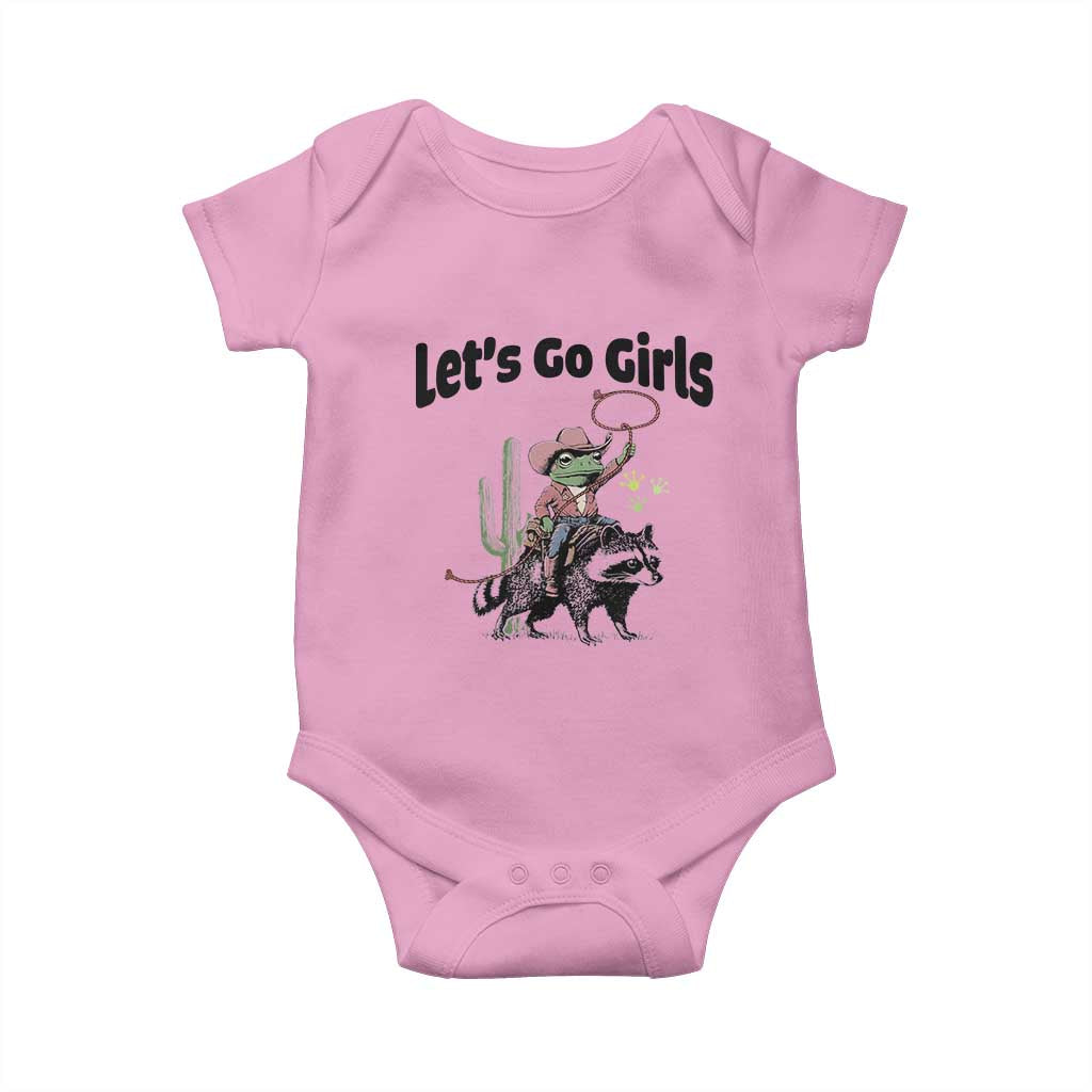 Cowboy Frog Riding Raccoon Baby Onesie Let's Go Girls TS12 Light Pink Print Your Wear