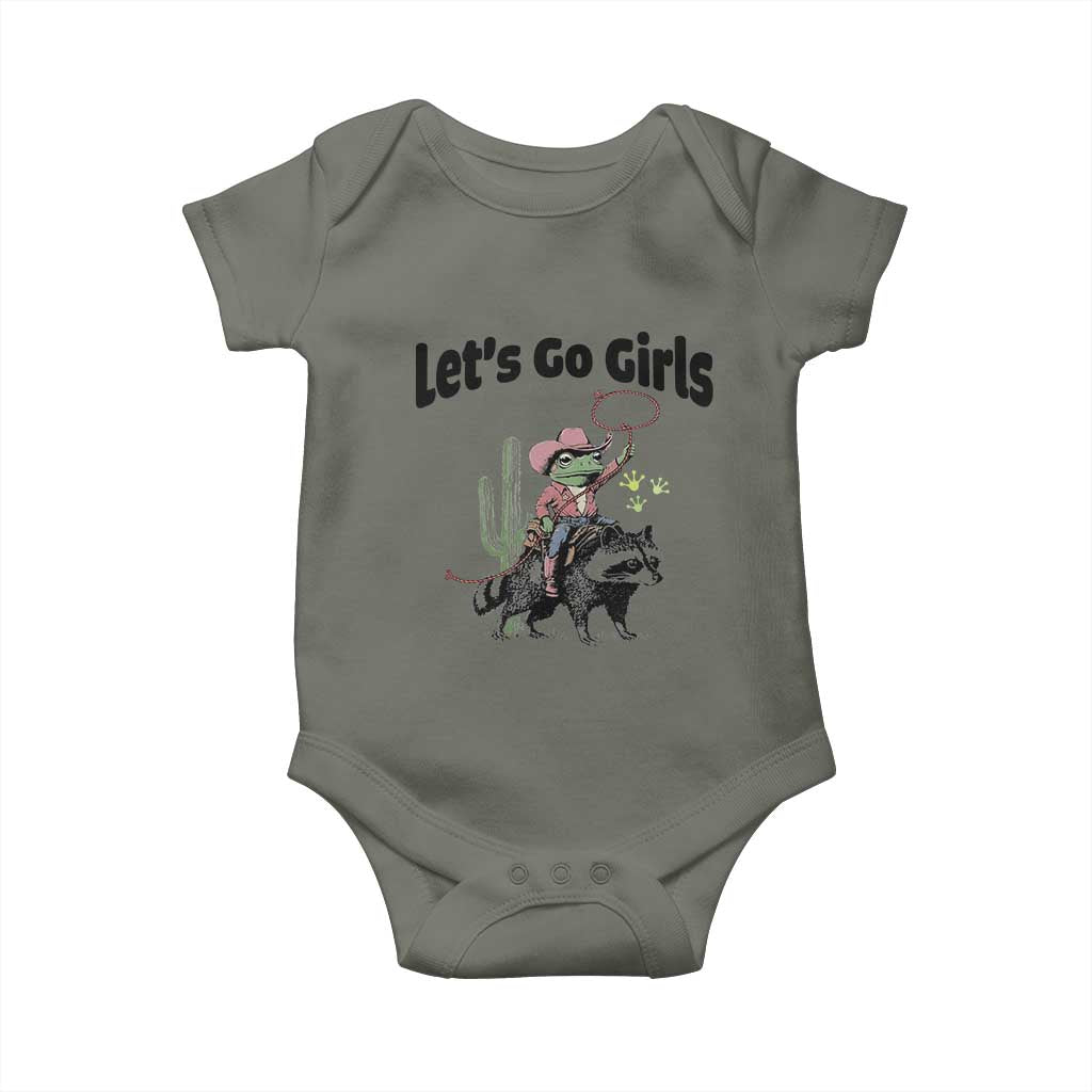 Cowboy Frog Riding Raccoon Baby Onesie Let's Go Girls TS12 Military Green Print Your Wear