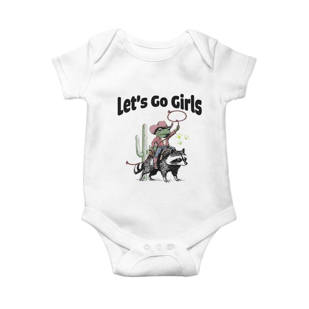 Cowboy Frog Riding Raccoon Baby Onesie Let's Go Girls TS12 White Print Your Wear
