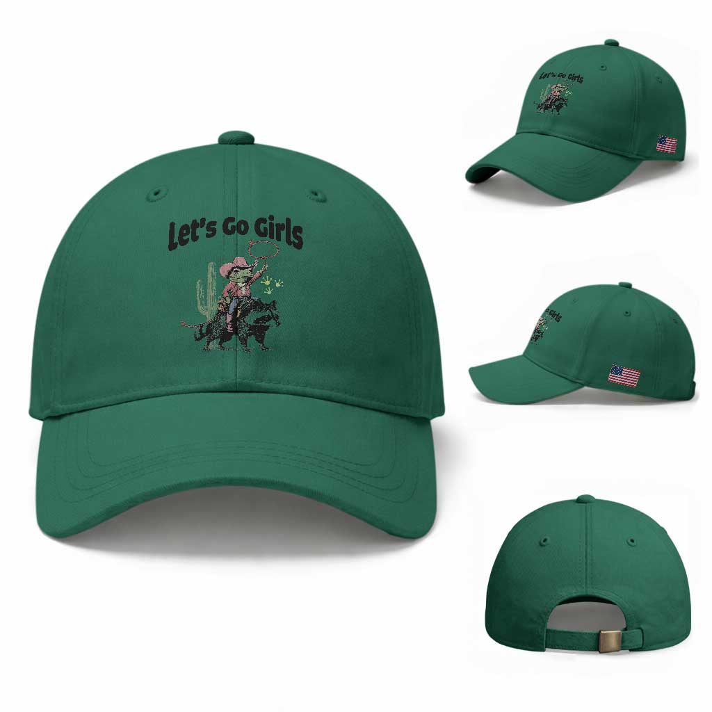 Cowboy Frog Riding Raccoon Baseball Cap Let's Go Girls TS12 Baseball Cap Universal Fit Irish Green Print Your Wear