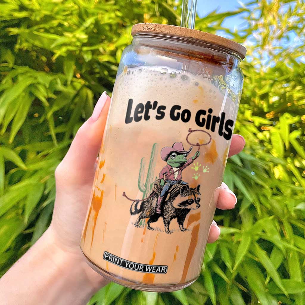 Cowboy Frog Riding Raccoon Glass Can Let's Go Girls TS12 White Print Your Wear