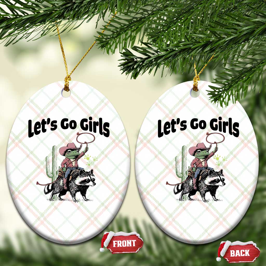 Cowboy Frog Riding Raccoon Ceramic Ornament Let's Go Girls TS12 Print Your Wear