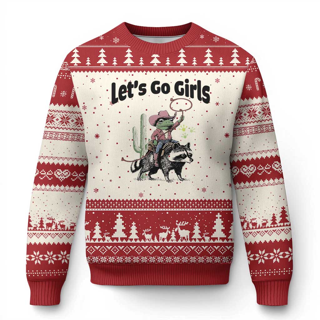 Cowboy Frog Riding Raccoon Ugly Christmas Sweater Let's Go Girls TS12 Beige Red Print Your Wear