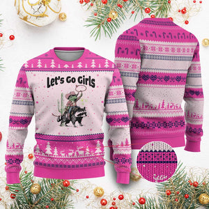 Cowboy Frog Riding Raccoon Ugly Christmas Sweater Let's Go Girls TS12 Hot Pink Print Your Wear