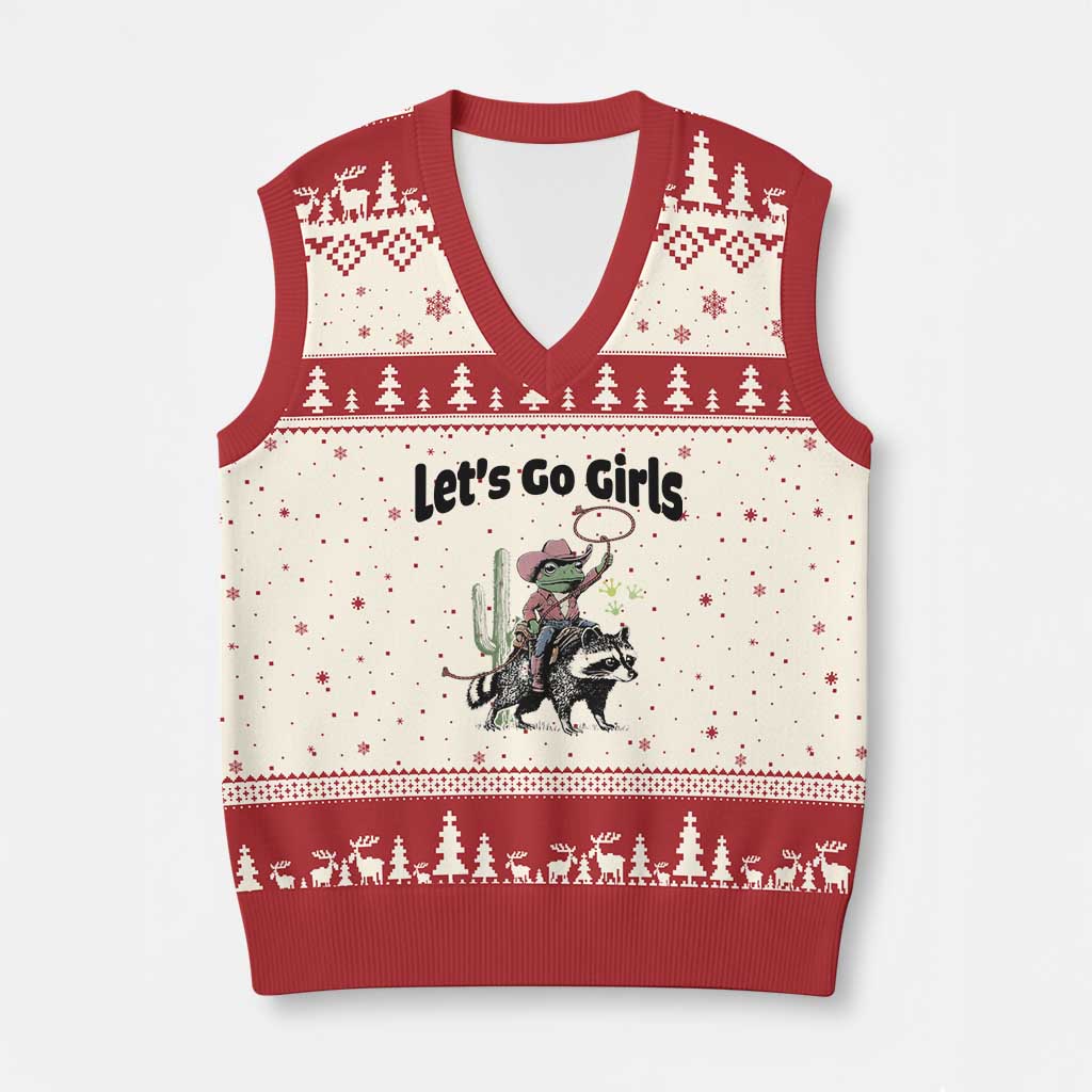 Cowboy Frog Riding Raccoon V-Neck Knit Sweater Vest Let's Go Girls TS12 Beige Red Print Your Wear